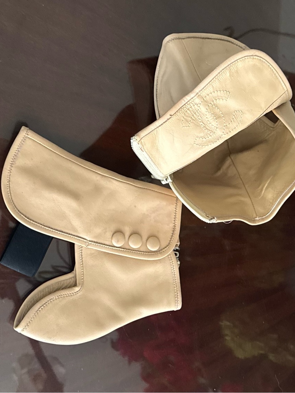 CHANEL Beige Fold-Over Leather Ankle Booties with Button Detail